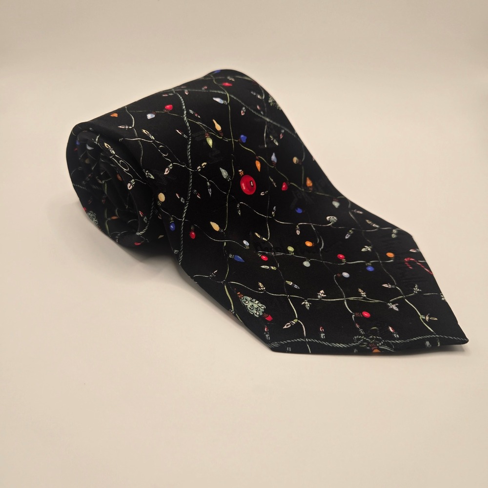 Vintage 1995 Nicole Miller Christmas Lights Tie Black Holiday Novelty (A1)